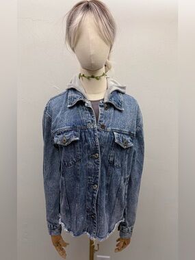 Love Tree Denim Hooded Jacket Small Blue Raw Hem Oversized Jean Jacket